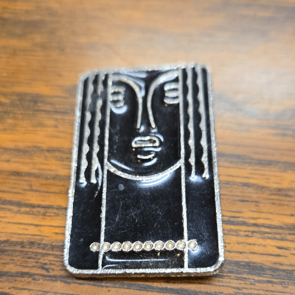 Vintage RITZ Pewter Black Enamel Art Deco Brooch Pin / Pendant Lady Face